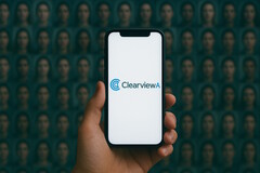 Smartphone con Clearview AI en él, base de datos de rostros en segundo plano (Fuente de la imagen: generada por AI)