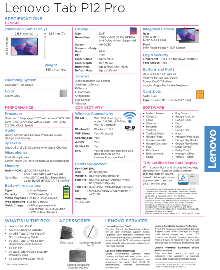 Especificaciones del Lenovo Tab P12 Pro (imagen vía Lenovo)
