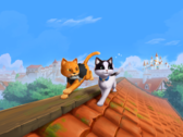 Imagen promocional principal de «The Missing Tail», en la que aparecen el gato real y el gato callejero explorando juntos un pueblo.