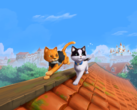 Imagen promocional principal de «The Missing Tail», en la que aparecen el gato real y el gato callejero explorando juntos un pueblo.