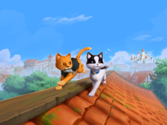 Imagen promocional principal de «The Missing Tail», en la que aparecen el gato real y el gato callejero explorando juntos un pueblo.
