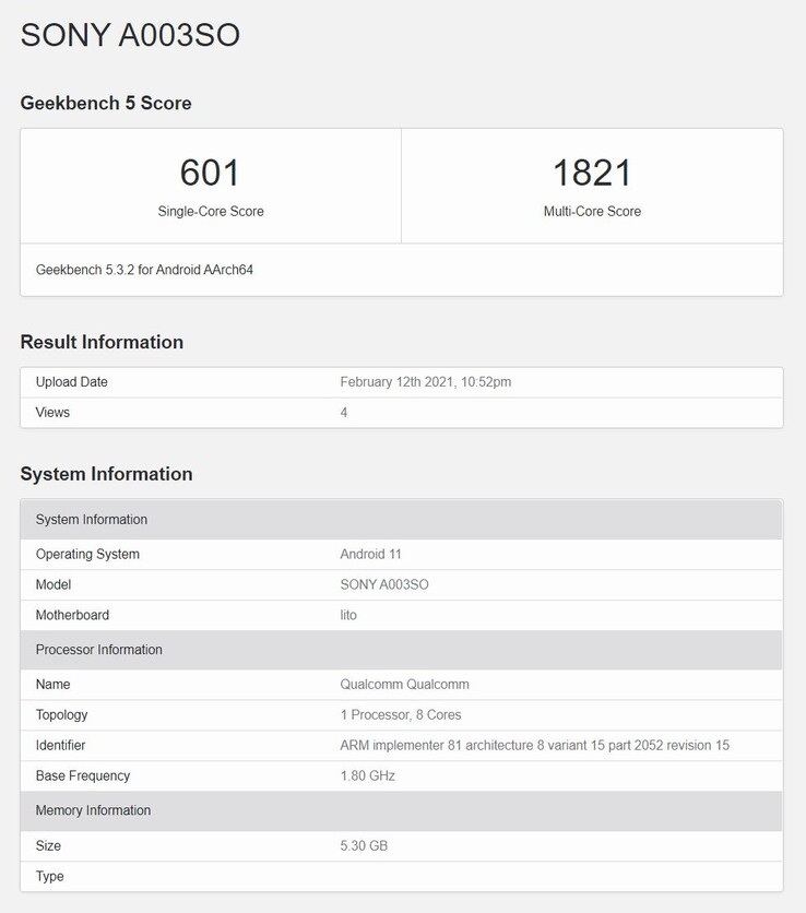 Supuesto benchmark del Xperia 10 III. (Fuente de la imagen: vía Sumahoinfo)