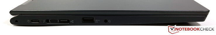 Izquierda: USB-C 3.2 Gen 2 (10 Gb/s, Power Delivery, DisplayPort 1.4), Lenovo Side Dock CS18 (USB-C con Thunderbolt 4 + Ethernet), USB-A 3.2 Gen 2 (siempre activado), conector de audio de 3,5 mm