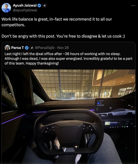 parsa Tajik, empleado de xAI, afirma haber trabajado 36 horas sin dormir. (Fuente de la imagen: X)