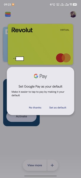 Una nueva ventana emergente le sugiere que configure Google Pay como método de pago predeterminado.