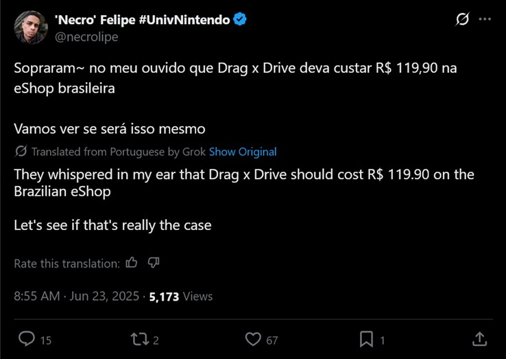 post de 'Necro Felipe' X sobre el precio de Drag x Drive (Fuente de la imagen: cuenta de 'Necro" Felipe X)