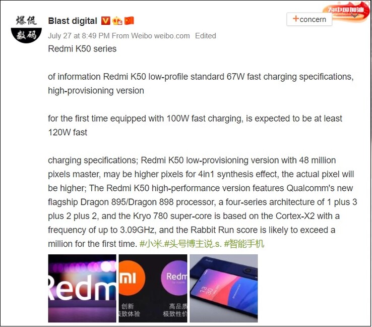 Supuestas especificaciones del Redmi K50 y K50 Pro. (Fuente de la imagen: Weibo)