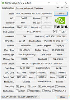 GeForce RTX 3050 GPU-Z extraída del Dell Inspiron 16 7610. Obsérvese el importante recorte de TMUs y del ancho del bus de memoria a pesar del elevado número de shaders unificados