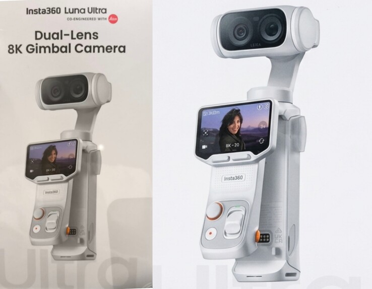 Caja original de Insta360 Luna Ultra (izquierda) frente a imagen de primer plano mejorada con IA (derecha).