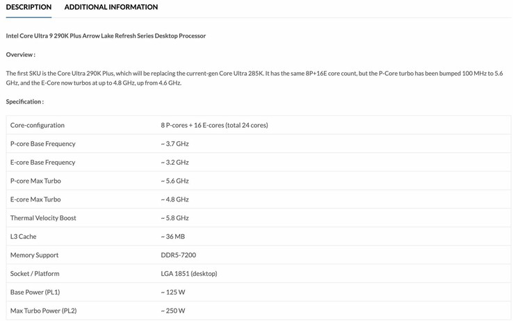 El listado de productos filtrado anteriormente para la CPU Core Ultra 9 290K Plus indicaba unos relojes boost más altos.