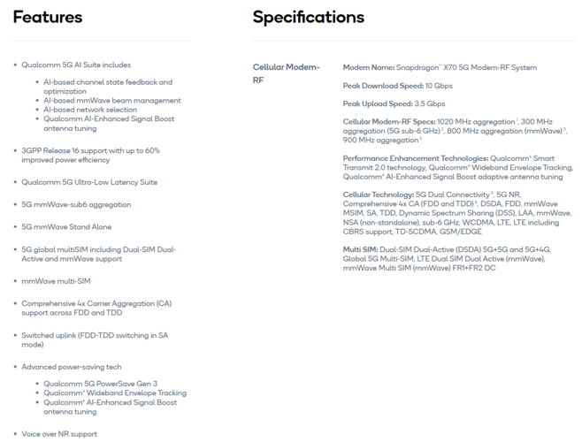 Módem Qualcomm Snapdragon X70 5G - Especificaciones. (Fuente: Qualcomm)