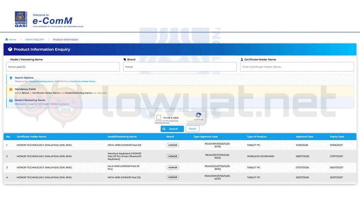 Las tabletas de la serie Honor Pad 20 han obtenido la certificación SIRIM. 
