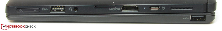Bien, al muelle: USB 2.0 (tipo A); derecha - tableta: volume rocker, USB 3.1 Gen 1 (tipo A), combo de audio, lector de tarjetas MicroSD/ranura SIM, HDMI, USB 3.1 Gen 1 (tipo C), altavoz