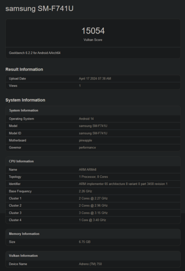 Galaxy Puntuaciones Vulkan del Z Flip6 (imagen vía Geekbench)