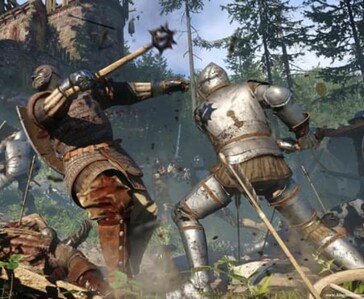 Primer plano del combate cuerpo a cuerpo en Kingdom Come: Deliverance con dos caballeros acorazados luchando con armas medievales.