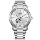 Reloj automático Citizen NH9150-52A con esfera plateada con acabado rayos de sol, ventana de corazón abierto sobre las 6 en punto, caja de acero inoxidable y brazalete a juego.