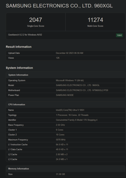 Puntuación de Intel Core Ultra 9 185H en Geekbench (imagen vía Geekbench)