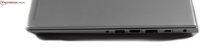 Lado derecho: Toma de auriculares, USB 3.0 Tipo A, HDMI, RJ45 Ethernet, USB 3.1 Gen 1 Tipo C, Puerto de carga
