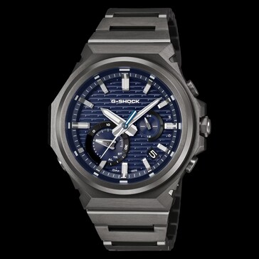 Vista frontal del G-Shock GST-B1000BD-2A con esfera azul estampada, caja de acero inoxidable oscuro y brazalete integrado.