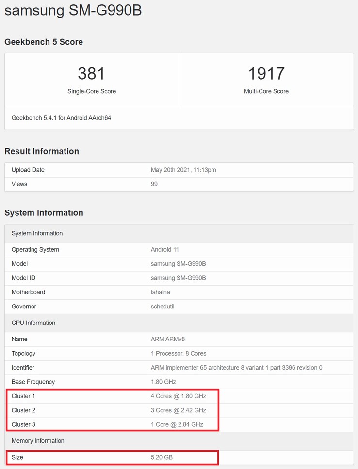 Samsung SM-G990B. (Fuente de la imagen: Geekbench)