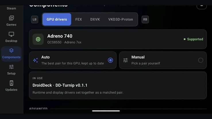 La configuración del controlador de GPU de DroidDeck en un dispositivo Adreno 740. Bifurcaciones experimentales independientes están explorando la compatibilidad con gráficos PowerVR y Mali.