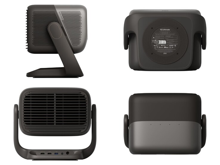 Diseño del proyector Jmgo N3 Ultimate mostrando puertos y vistas multiángulo