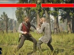 El protagonista de Red Dead Redemption 2, Arthur Morgan, luchando contra un PNJ al estilo Mortal Kombat. (Fuente de la imagen: Blurbs en YouTube, captura de pantalla)