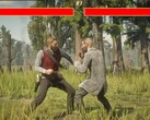 El protagonista de Red Dead Redemption 2, Arthur Morgan, luchando contra un PNJ al estilo Mortal Kombat. (Fuente de la imagen: Blurbs en YouTube, captura de pantalla)