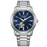 Reloj automático Citizen NH9150-52L con esfera azul con acabado rayos de sol, ventana «corazón abierto», brazalete de acero inoxidable y bisel pulido.