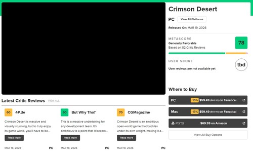 Metascore de Crimson Desert en Metacritic