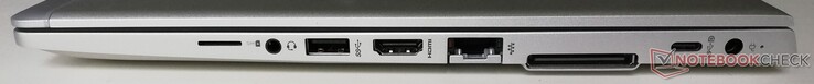 Lado derecho: Ranura para tarjeta SIM, conector de audio combinado, 1x USB 3.1 Gen.1, HDMI, LAN, conector de acoplamiento, 1x USB 3.1 Typ-C, fuente de alimentación