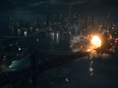 Una captura de pantalla del tráiler de revelación oficial de Battlefield 6 que muestra una explosión en el puente de Manhattan (fuente de la imagen: Battlefield YT)