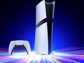 La consola PlayStation 5 Pro de Sony sobre un soporte vertical con un mando DualSense