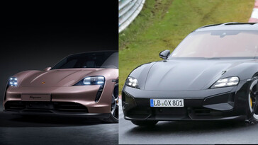 El Porsche Taycan actualizado (derecha) presenta un diseño mucho más limpio y afilado en la parte delantera, lo que hace que el VE parezca mucho más agresivo que el modelo saliente (izquierda). (Fuente de la imagen: Auto Express / Porsche - editado)
