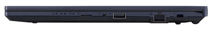 Lado derecho: lector de tarjetas de memoria (MicroSD, opcional), combo de audio, USB 2.0 (USB-A), Gigabit Ethernet, ranura para un candado de cable