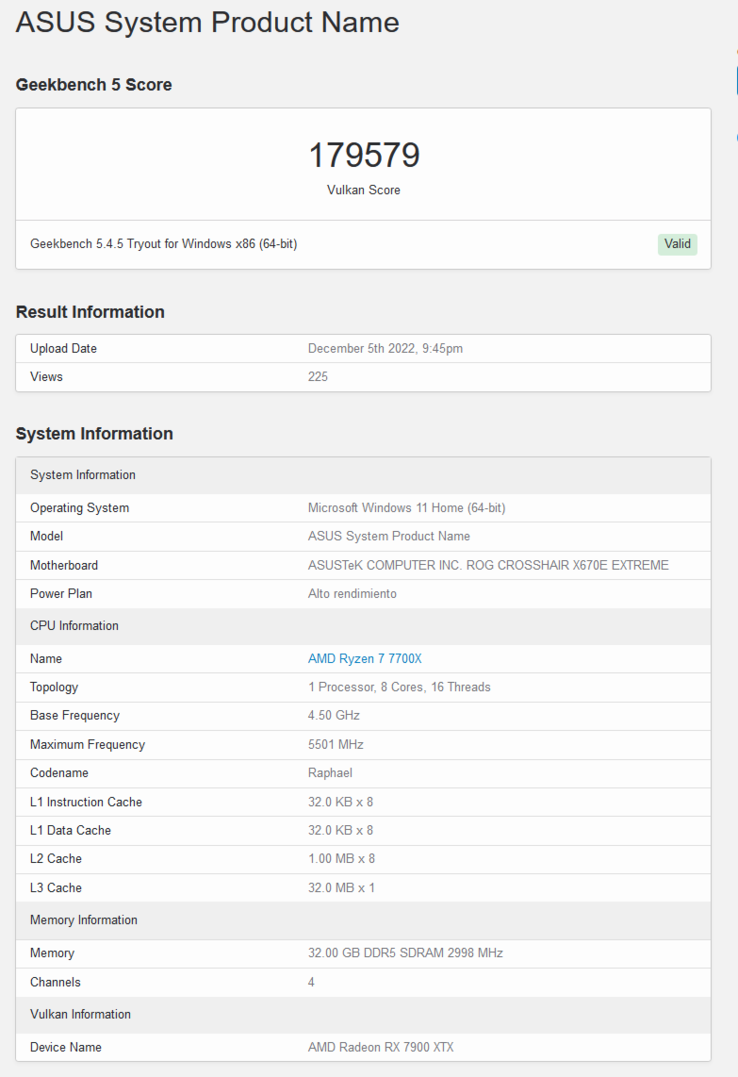 Puntuación Vulkan actualizada de AMD Radeon RX 7900 XTX (imagen vía Geekbench)