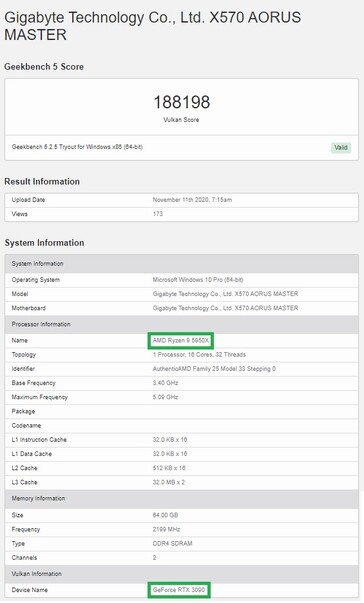 Puntuación de RTX 3090. (Fuente de la imagen: Geekbench)