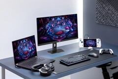 Monitor para juegos Asus XG27UCMG junto con diversos productos electrónicos de Asus