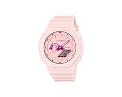 Una pequeña aguja con forma de cinta a las nueve es la única marca de la campaña en el reloj completamente rosa.