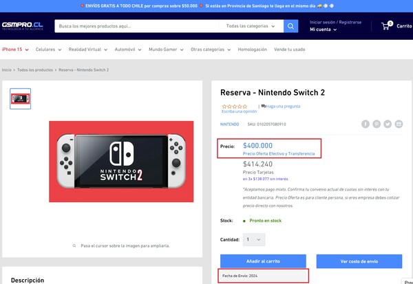 Página de reserva de Nintendo Switch 2. (Fuente de la imagen: GSMPRO.CL)