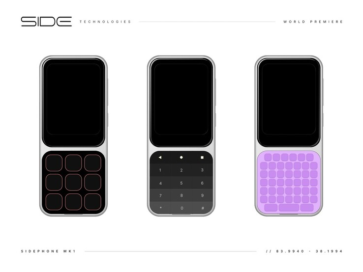 Los renders muestran un teclado numérico completo, una cuadrícula de botones más grande y un diseño minimalista con menos teclas. (Fuente de la imagen: Sidephone)