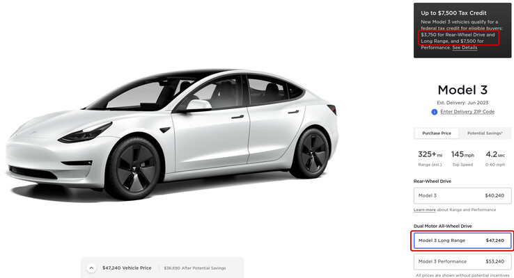 La página de configuración del Model 3 de Tesla muestra a cuánto ascienden los créditos fiscales a los que puede optar cada uno de los niveles de acabado. (Fuente de la imagen: Tesla)