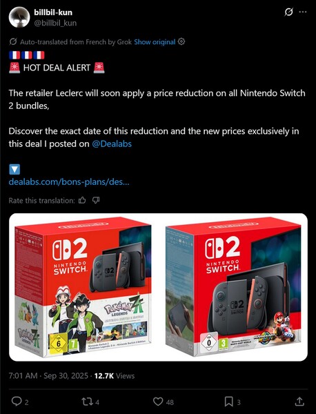 post de billbil-kun X sobre la bajada de precio de Switch 2 (Fuente de la imagen: captura de pantalla, cuenta de billbil-kun x)