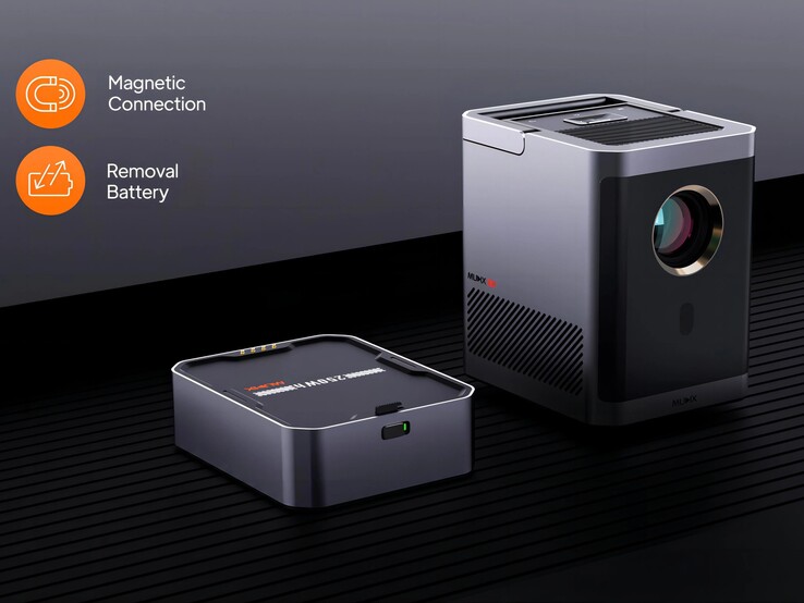 El proyector portátil para exteriores MUDIX tiene una batería desmontable que se sujeta mediante imanes. (Fuente de la imagen: MUDIX)