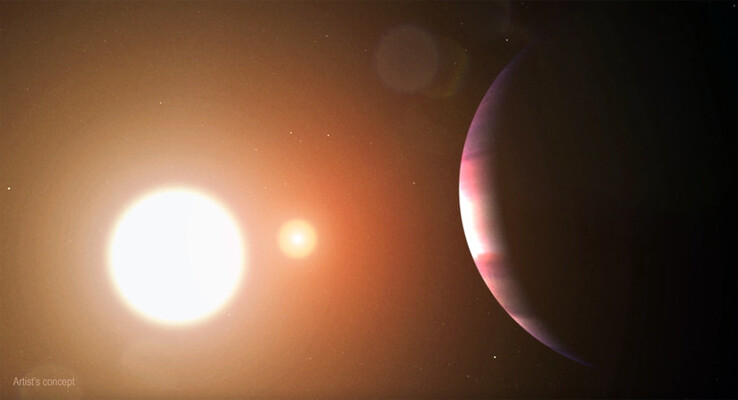 Ilustración de un artista que muestra un exoplaneta en órbita alrededor de dos estrellas.