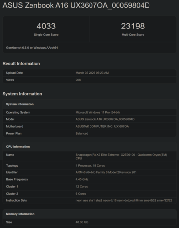Snapdragon X2 Elite X2E-96-100 Rendimiento de la CPU en Geekbench