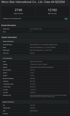 CPU AMD Ryzen Z2 Extreme Geekbench (fuente de la imagen: Geekbench)