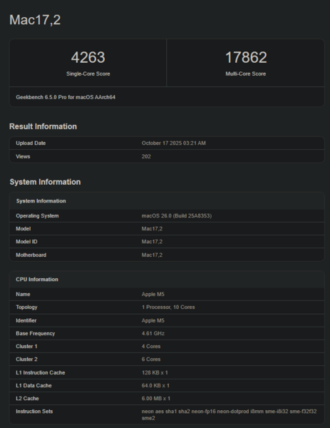 Apple Puntuación del M5 en Geekbench (fuente de la imagen: Geekbench)