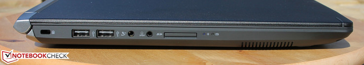 Left: Kensington, 2 x USB 2.0, microphone, headphone / SPDIF combo