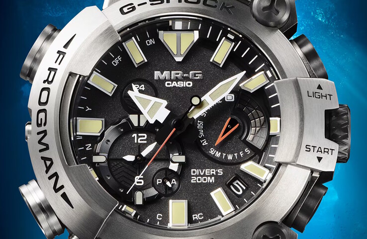 El Frogman MRG-BF1000RG muestra el tiempo de inmersión y el tiempo de reposo en superficie bajo una esfera de zafiro antirreflejos. (Fuente de la imagen: Casio)